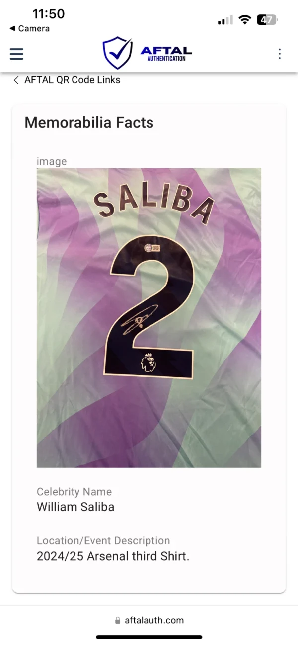 William Saliba Arsenal Signed Shirt Framed *EXACT VIDEO PROOF* *AFTAL* *RARE*