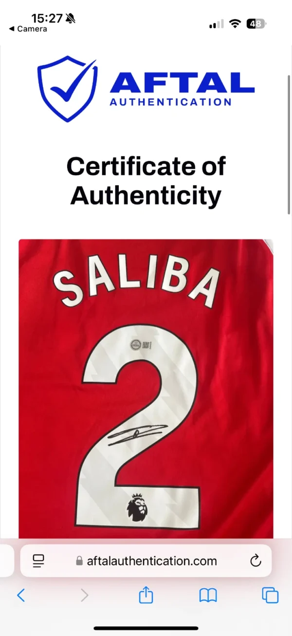 William Saliba Arsenal Signed Shirt *PROOF* *AFTAL AUTHENTICATION*